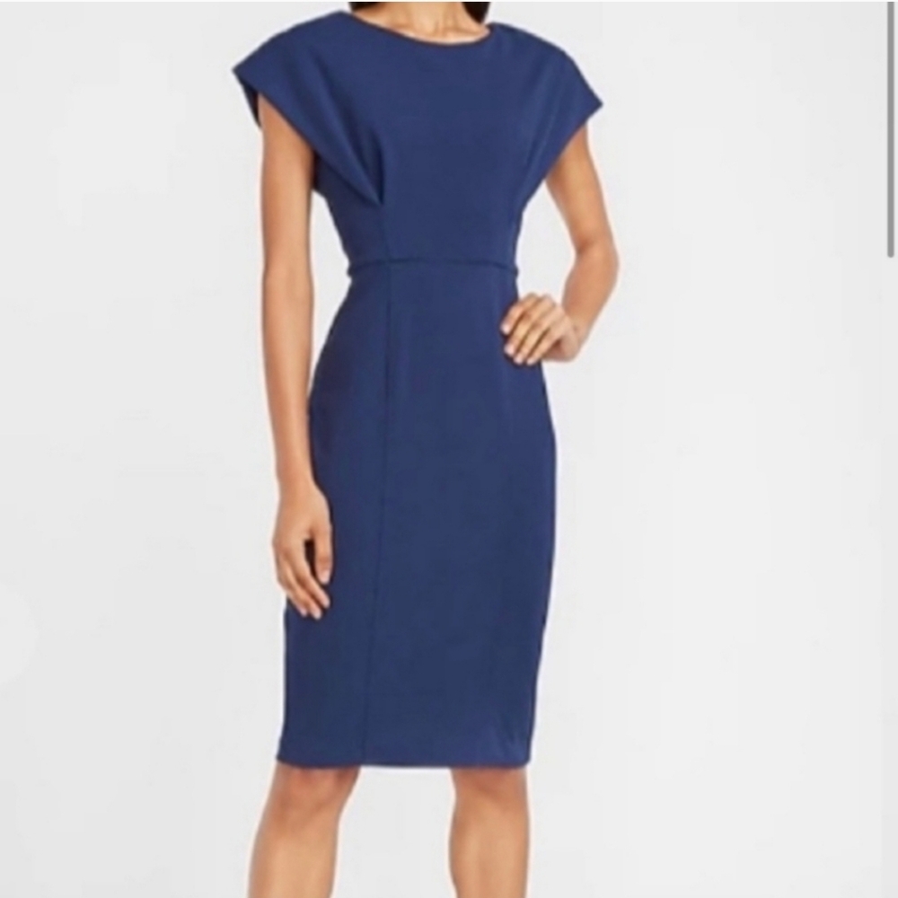 [EXPRESS] Blue Cap Sleeve V Back Midi Sheath Dress 《XL》